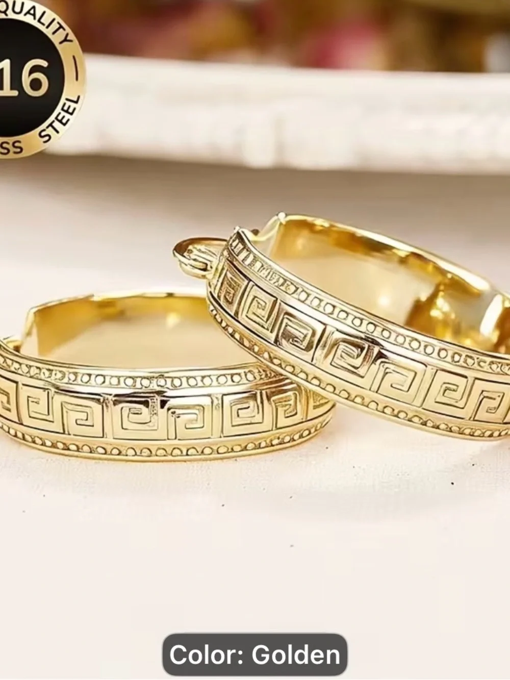 316 stainless steel Golden Greek Key Hoop Earrings - Women Jewelry
